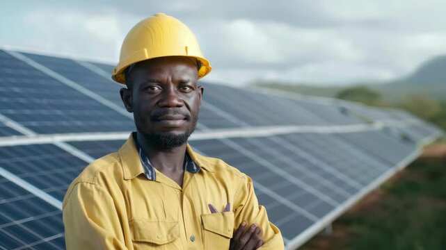 Man in a hard hat and safety vest standing near rows of solar panels on a cloudy day.
