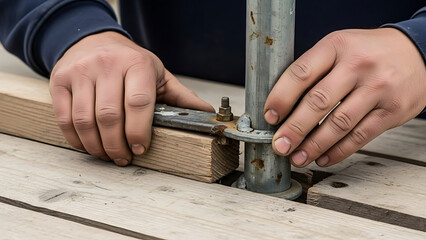 Worker's hands fastening wooden plank to metal support with clamp, construction or DIY project detail