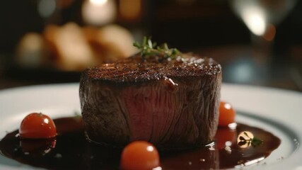 The captures a tantalizing culinary scene featuring a rare steak, cooked to perfection and topped with savory gravy. The steak is garnished with fresh herbs, adding a touch of elegance to the dish.