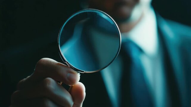 An investigator holding a magnifier over an object of interest in the dim light of his office.