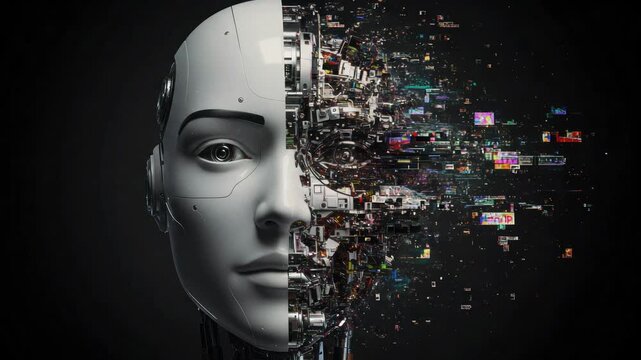 Disintegrating humanoid robot face dissolving into digital data streams and colorful pixels