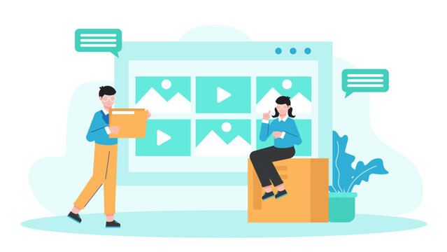 Digital Asset Management Team Organizing Media Library. Flat Vector Illustration