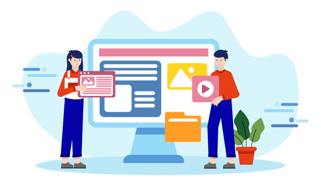 Digital Asset Management Team Organizing Media Library. Flat Vector Illustration