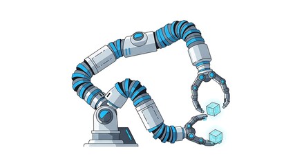 Industrial robotic arm grasping ice cubes in automated manufacturing process.