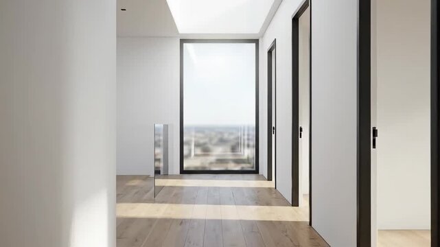 Modern hallway with skylight with wooden floor, and city view windows.