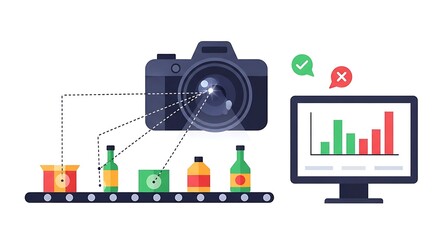 Automated Bottling Production Line with Camera Quality Inspection and Data Analysis.
