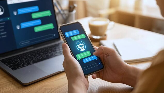 Digital Communication with AI Chatbot on Smartphone and Laptop Screens
