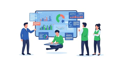 Business team collaborating on data analysis with charts and graphs on digital screen.