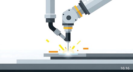 Robotic arm executing precise welding operation on metal plate with sparks.