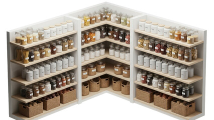 Isometric cutaway of a modern pantry with organized shelves containing jars and containers isolated on white background