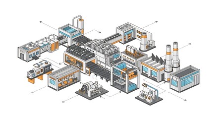 Obraz premium Isometric illustration of modern industrial factory complex with production lines and machinery.