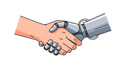 Human and robotic hands shaking in symbol of technological partnership and future collaboration.