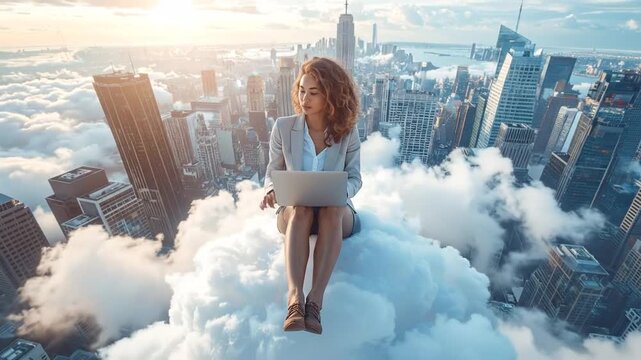 A visionary woman confidently engages in remote work from a serene cloud above a bustling urban landscape, embodying the future of flexible digital connectivity and limitless potential