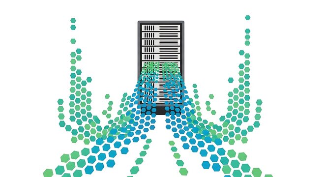 Abstract illustration of server rack with flowing data streams in green and blue particles. - Powered by Adobe
