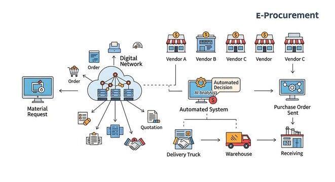 Illustration of E-Procurement Process Featuring Automated Systems and Vendor Networks.