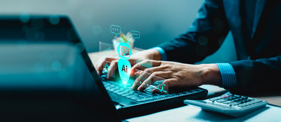 AI chatbot assistant for business automation and data analytics. Concept of artificial intelligence technology improving communication, productivity, and digital innovation in modern enterprise.