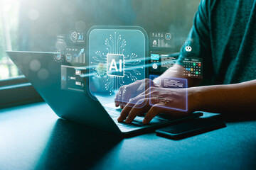Artificial intelligence innovation in digital business with businessman using smart stylus and tablet to interact with virtual AI interface for data analysis, automation, predictive insight technology