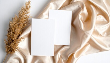 Two blank cards on a draped satin cloth with dried wheat, minimalist aesthetic