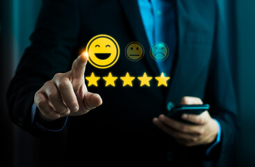 Customer satisfaction rating concept with five star review and smiley face interface, user selecting positive feedback via digital experience to represent service quality and brand trust