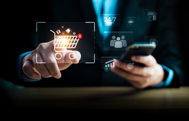 Smart online shopping and digital commerce interface with virtual cart notification, customer analytics and 24 7 service concept for ecommerce marketing, retail technology, modern business growth