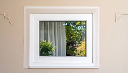 Window frame view of greenery and curtain behind glass on a beige wall