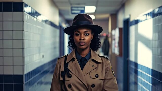 A determined woman in a trench coat and fedora walks down a hallway, her serious expression conveying a compelling journey to uncover crucial truths