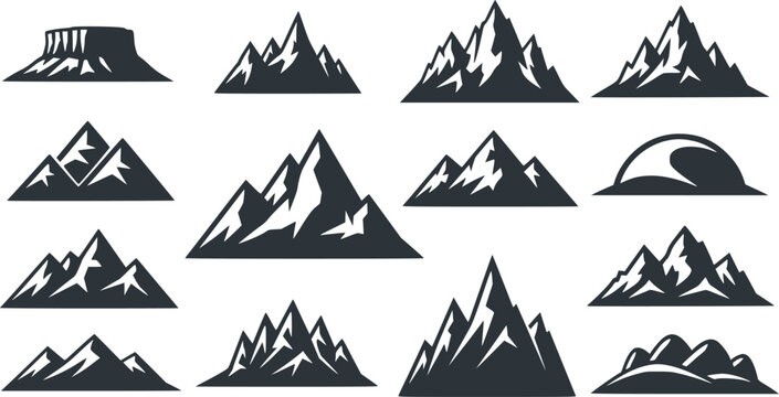 Mountain silhouette. Black outline minimal mountains shape for banner border and scenic backdrop. Isolated vector set, transparent background EPS version.