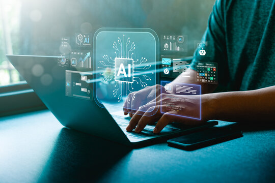 Artificial intelligence innovation in digital business with businessman using smart stylus and tablet to interact with virtual AI interface for data analysis, automation, predictive insight technology - Powered by Adobe