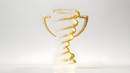 Abstract golden trophy silhouette made of glowing particles and light streaks, floating on bright background, futuristic success concept, smooth gradients, modern design aesthetic