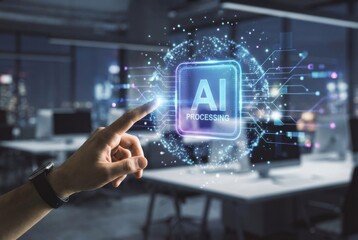 Male hand touching artificial intelligence processing icon on virtual screen. Future technology and digital innovation concept. Futuristic data processing for business.