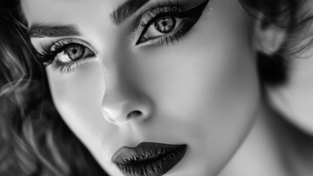A woman's face is captured in close-up with dramatic makeup featuring long lashes and dark lipstick.