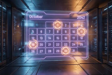 Holographic calendar for October 2042 showing important dates, representing future meeting management and scheduling technology for efficient planning.