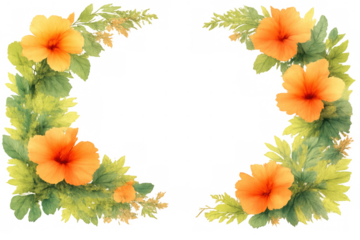 Watercolor orange hibiscus flowers and tropical green leaves forming a corner frame with transparent background