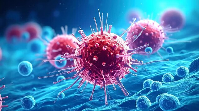 Close-up scientific visualization of a pathogenic virus, detailing its structure and the cellular environment, symbolizing the spread of infection, immune response, and medical challenges