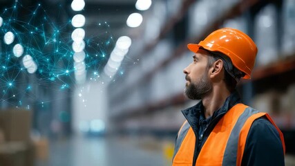 A male warehouse employee embraces innovation, surrounded by a digital network overlay in a spacious storage facility. The image symbolizes smart industry and futuristic supply chain solutions - Powered by Adobe