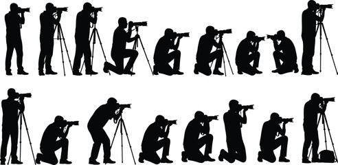Photographer silhouettes collection, professional camera operators using tripods in various shooting poses, black vector illustration for photography, media, journalism, creative industry concepts © Samol