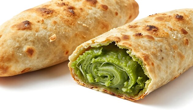 Delicious golden-baked wrap with vibrant green filling on a clean white background