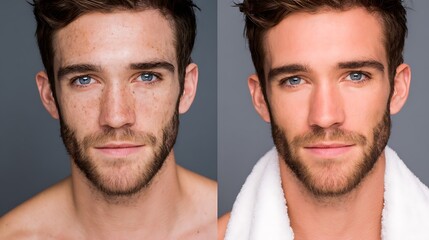 Fototapeta premium before-after men skin transformation, dull oily texture vs clean healthy skin
