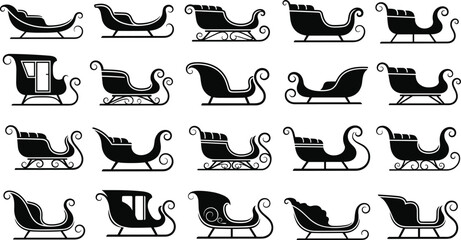 Santa sleigh silhouettes collection vector illustration set showing different vintage Christmas sled designs, holiday transportation icons, black isolated shapes on white background