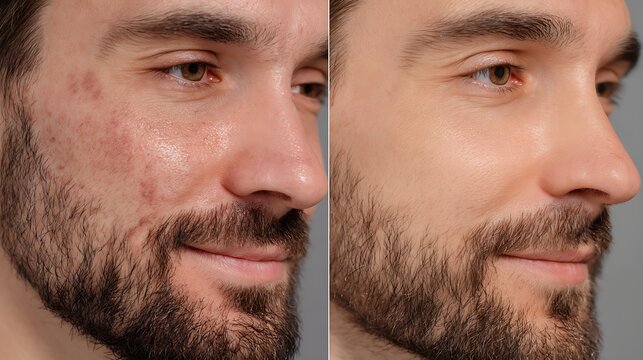 before-after men skin transformation, dull oily texture vs clean healthy skin