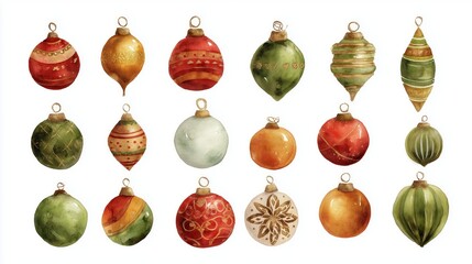 A collection of beautifully designed holiday ornaments in various colors and patterns, perfect for festive decorations.