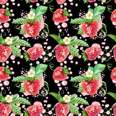 Seamless pattern with strawberries, green leaves, a small white flower, tendrils, and splashes of sweet strawberry juice. Watercolor illustration. Endless pattern for fabric, romantic wrapping paper