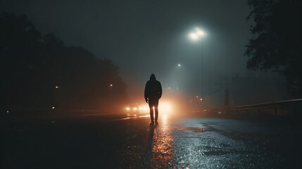 Naklejka premium Silhouette of Individual Walking on Wet Road Under Streetlights at Night Moody Street Photography, Foggy Weather, Cars in the Distance, Dark Atmospheric Scene