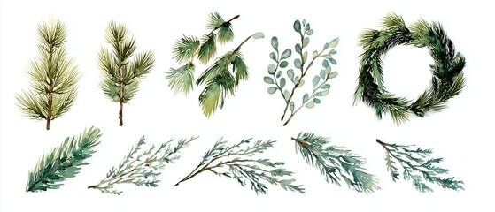 A collection of beautifully illustrated greenery, featuring various types of pine and leafy branches arranged artistically.