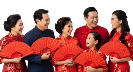 A happy family wearing traditional outfits, holding fans, and celebrating a festive event together. The scene shows the unity and joy of the family during the event, isolated on transparent background
