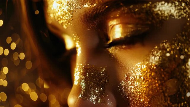 Eye close-up with teardrops and gold glitter, emotional expression.
