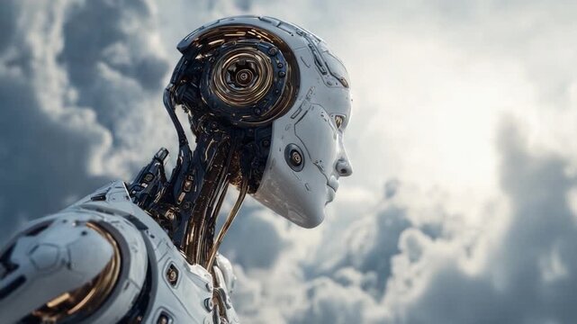 Futuristic Android: A cutting-edge android gazes skyward, embodying the fusion of technology and humanity against a backdrop of ethereal clouds.