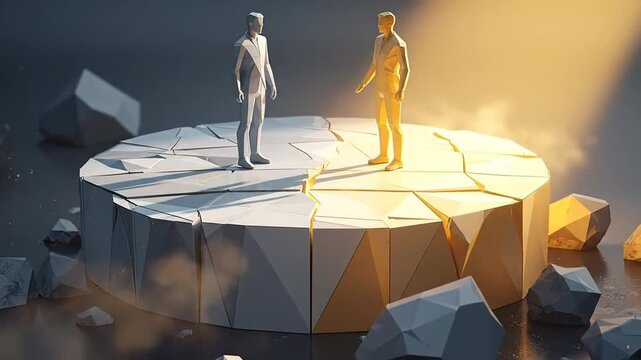 Abstract visualization of two contrasting figures standing on a fractured geometric platform, symbolizing division, negotiation, and the complexities of modern-day duality