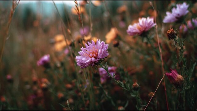 Gentle breeze blowing across the field of purple asters swaying in the wind video