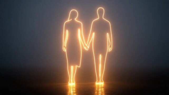 Illuminated Union: A glowing, ethereal image of a couple holding hands, their outlines shimmering against a dark background, radiating themes of connection and unity.